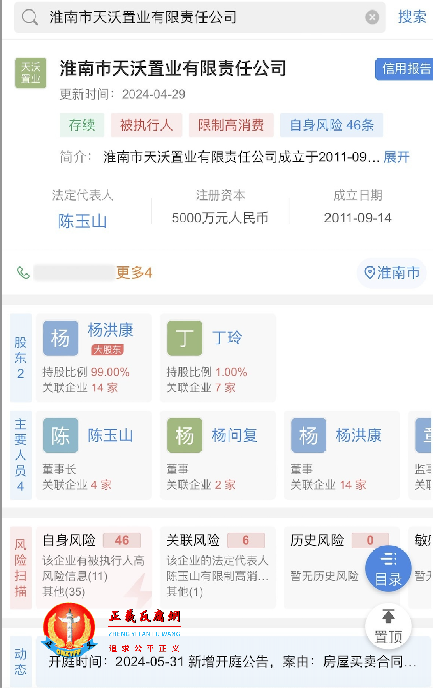 天眼查信息显示，淮南市天沃置业有限责任公司股东信息，杨洪康为大股东、实际控制人，持股占99%，丁玲为小股东、持股占1%。.png